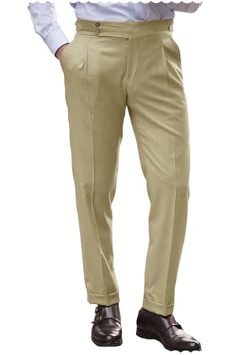Men's Classic Fit Linen Dress Pants Slim Fit Pleated Beach Trousers for Summer Wedding Party