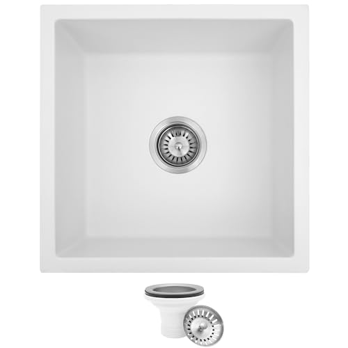 MILOSEN 45x45cm Kitchen Sink White,Undermount Granite Stone Kitchen Sinks, Quartz Kitchen Sink, Laundry Basin Single Bowl Bar Sink, White Small Sinks