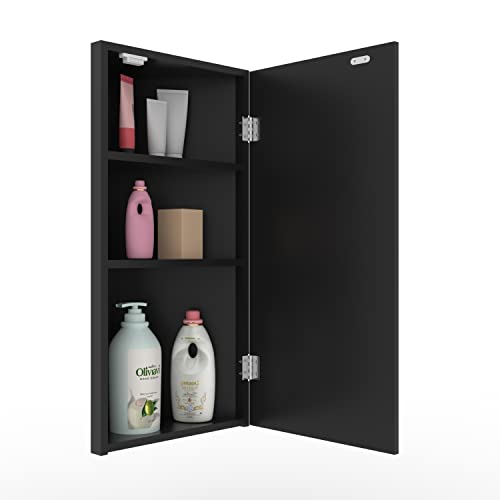 eclife 24" Bathroom Corner Medicine Cabinet W/Mirror, Single Door Bathroom Black Wall Mount Mirror Cabinet, Hanging Triple Shelf Storage Cabinet Opens Left to Right