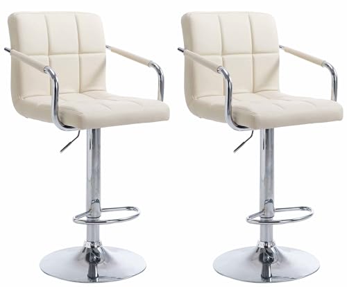 CLP Set De 2 Taburetes Lucy V2 En Simil Cuero I 2 Sillas De Bar Regulables En Altura I 2 Taburetes Altos con Reposabrazos & Reposapiés I Color:, Color:Crema, Color del Marco:Cromado