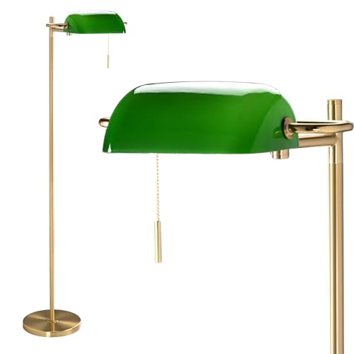 Folux Vintage Modern Bankers Reading Floor Lamp Gold Metal Standing Lamp with Adjustable Swing Arm Swivel Green Glass Lampshade and Pull Chain for Living Room Reading Nook Office Bedroom
