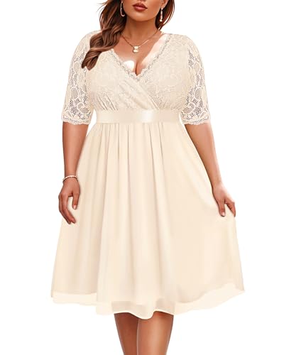 Image of Pinup Fashion Plus Size Lace Chiffon Wrap V Neck Dresses Women Cocktail Wedding Guest Midi Dress