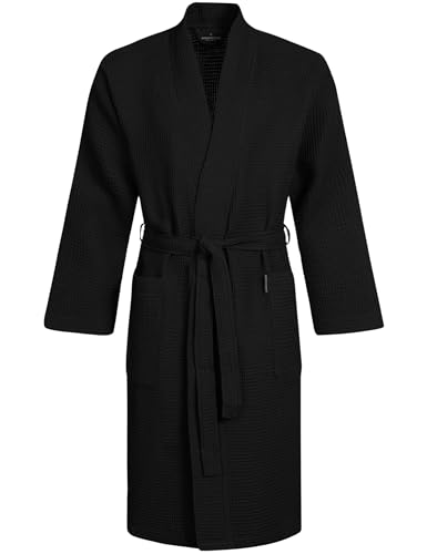 Morgenstern Bademantel Herren Leichter Waffelstoff aus 100% Baumwolle Waffelpique Morgenmantel Schwarz L
