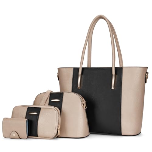 molshine Handtasche Damen aus veganes Leder Groß Henkeltaschen Umhängetasche für Frauen 4-teiliges Set enthalt Geldbörse Kartenpaket,Tragetasche für Büro Reise(Gold) HB036