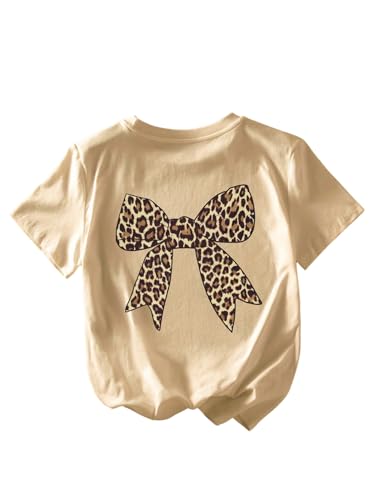 WDIRARA Girl's Bow Leopard Graphic T Shirts Crew Neck Short Sleeve Tee Summer Tops