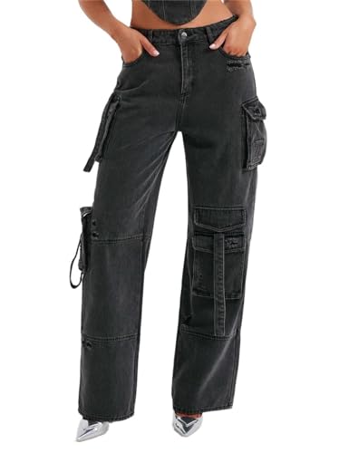 Cargo Jeans for Women Low Rise Baggy Jeans Y2K Multi-Pockets Straight Leg Casual Cargo Pants