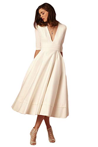 Taigood Womens Media Manga Cuello en V Profundo Cintura Alta Vintage Midi Swing Vestido Elegante Vestido de Fiesta de cóctel Blanco L