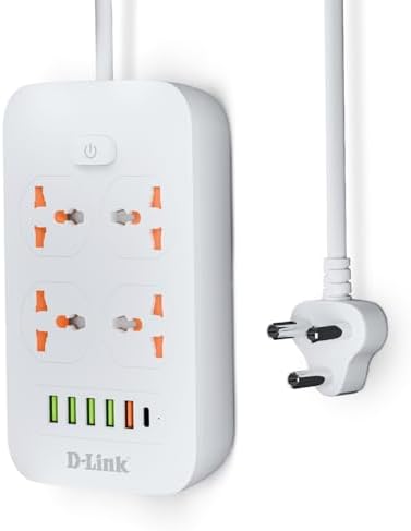 D-Link Power Strip with 4 Universal Sockets with Child Security + 5 USB Ports + 1 Type-C Port, High Temperature Fuse Protector, 1500W with 2 Meter Cable, 250 Volts, White