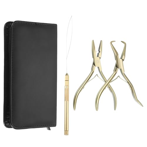 HARFINGTON Hair Extension Beading Tool Kit Stainless Steel Hair Extensions Micro Link Bead Closer and Remover Pliers Micro Ring Loop Needle Pulling Hook Bead Device Tool Kits, Gold Tone