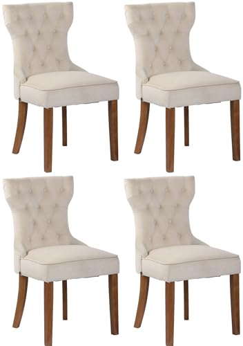 CLP Set De 4 Sillas De Comedor Franca En Terciopelo con Base De Madera I Butacas con Respaldo Alto, Color:Crema, Color del Marco:Envejecido Claro