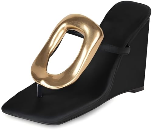 Flip-Flops for Women Thong Sandals Wedge High Heel Beach Comfort Open Square Toe Ladies Dressy Metal Hardware Decoration Summer Shoes Casual Fashion