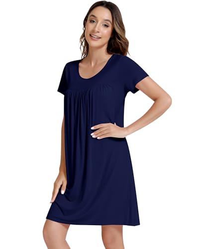 Image of NACHILA Bamboo Viscose Nightgown for Women Short Sleeve Crew Neck Sleepwear