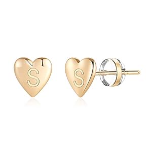 Heart Initial Stud Earrings for Girls – S925 Sterling Silver Post 14K Gold Plated Dainty Letter Earrings Hypoallergenic Little Initial Earrings for Women Girls Sensitive Girls Earrings