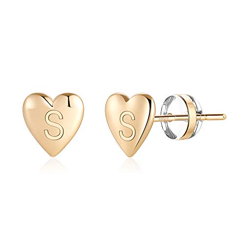 Heart Initial Stud Earrings for Girls – S925 Sterling Silver Post 14K Gold Plated Dainty Letter Earrings Hypoallergenic Little Initial Earrings for Women Girls Sensitive Girls Earrings