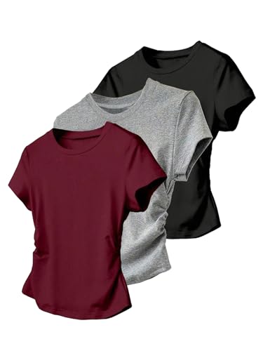 OYOANGLE Girl's 3 Pack Short Sleeve Tight T Shirt Set Crew Neck Ruched Shirts Summer Casual Tops