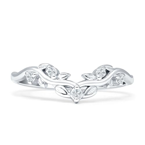 OMRANII Curved Contour Leaves Band Vine Stacking Nature Inspired Round Cubic Zirconia Wedding Band 925 Sterling Silver