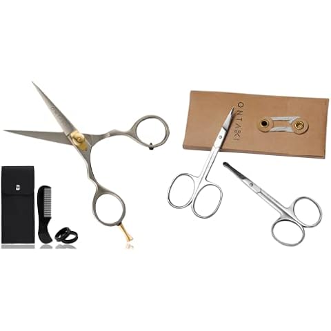 ONTAKI 3 Scissors pack - 1 Japanese Steel Beard & Mustache Scissors With Comb - 2 Facial Grooming Nose Hair Scissors - 1 Curved Blade Tip & 1 Safety Blunt Rounded Tip Cover