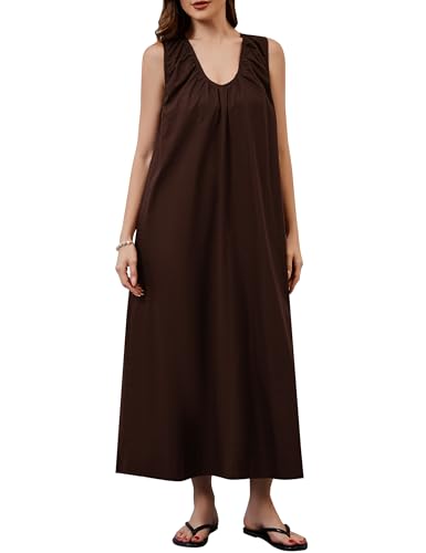 Image of OLAPTA Women Summer Sleeveless Maxi Dress Scoop Neck Ruched Loose Fit Casual Elegant Solid Vacation Long Dress with Pockets