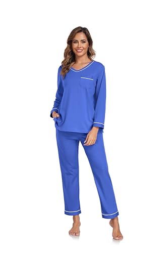 Image of COLORFULLEAF 100% Cotton Pajama Set for Women Long Sleeve Sleepwear with Pants Soft Comfy Two-Piece Pjs with Pockets