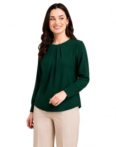 Image of Mirana Women's Full Sleeve Solid Top | Round Neck Pleated Front Regular Fit Office Casual Blouse with Button Cuffs
