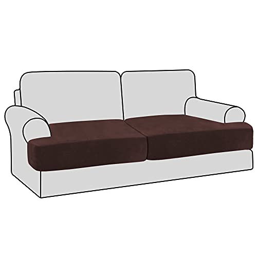 H.VERSAILTEX Stretch Velvet 2 Piece T Cushion Sofa Slipcovers Individually Sofa Cushion Covers for 2 Cushion Couch Seat Cushion Covers for Sofa Seat Cushion Covers Stay with Elastic Bands, Brown