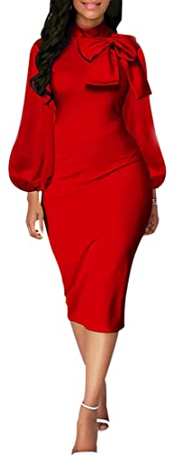 Image of Sexy Long Sleeve Dress for Women Solid Color Bow Knot Turtleneck Formal Gown Midi Casual Church Dresses