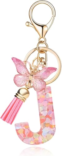 Image of GEOCARTER Lightweight Fashion Initial Letter Key Ring with Butterfly Pendant & Tassel, Stylish Purse Charm for Handbags, Car Keys, Gifts for Girls & Women