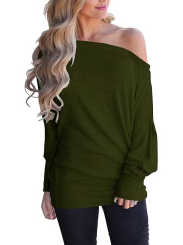 Eniloyal Schulterfreies Oberteil Damen Langarmshirt Off Shoulder Tshirt Fledermaus Tshirt Langarm Oversized Longshirt Herbst Grün XXL