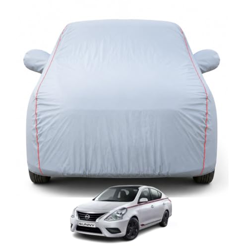 Image of Car Cover for Nissan Sunny | 100% Waterproof Premium, Full Body Cover with | Mirror Pockets, Triple Stitched, Bottom Elastic, UV, Dustproof & Scratch Protection, Belt & Buckle (Dark Grey)