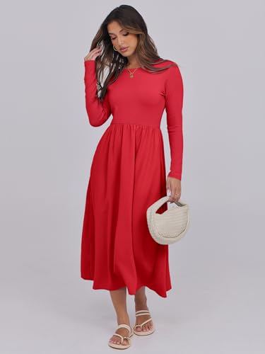 Image of ANRABESS Long Sleeve Midi Dresses for Women 2025 Fall Fashion Casual Rib Knit Patchwork Tight Top Modest Flowy Dress Pocket