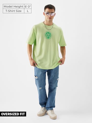 Image of The Souled Store Official Loki: Master of Mischief Men and Boys Oversize Fit Half Sleeve Graphic Printed Cotton Green Color T-Shirt