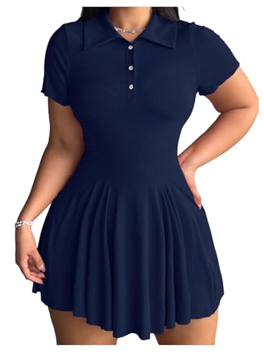Image of RoseSeek Women's Plus Size Ribbed Knit Golf Dress Button Front Short Sleeve A Line Collared Shirt Dresses