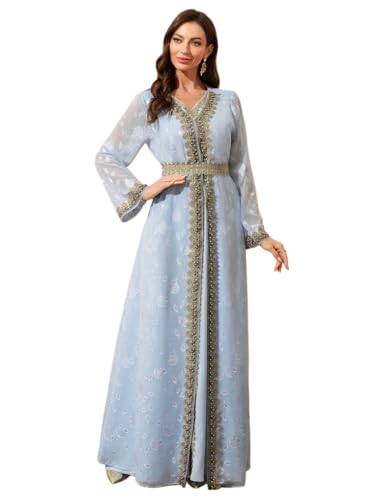 PLWEDDING Traditionelles muslimisches Kaftan Kleid,Blau mit Gold Stickerei,Lange...