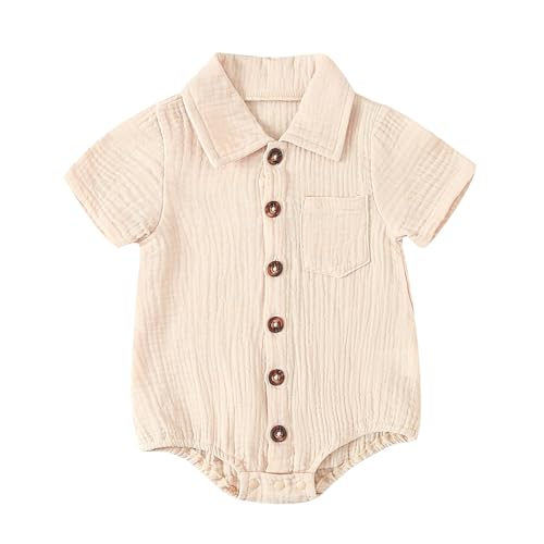 Image of Sprifallbaby Baby Girl Boy Button Down Shirt Newborn Solid Color Short Sleeve Collared Romper Infant Summer Formal Bodysuit