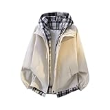 Genérico Kapuzenpullover für Herren, Retro, Basic, mit durchgehendem Reißverschluss, kariert, Sportjacke, lässig, Unisex, mit Kordelzug, Stil Y2k, beige, M