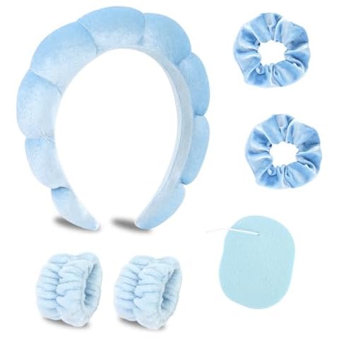 CAVETEE Makeup Headband for Women, Skincare Headband for Washing Face, Cute Blue Puffy Spa Headband with Wristband Scrunchies and Soft Compressed Facial Sponges for Women Girl Cover