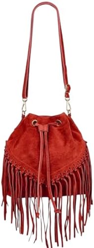 Bolso tipo cubo de piel de ante con flecos 26 x 13 x 26 cm