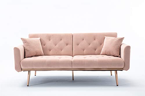 Yunlife, Mid Century Velvet Fabric, Modern Folding, Convertible Futon Bed, Recliner Couch Accent Loveseat Sofa With Rose Gold Metal Feet, Pink #TOP27