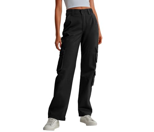 Lepunuo Women High Waisted Cargo Pants Combat Military Wide Leg Casual Trousers 7 Pockets Black