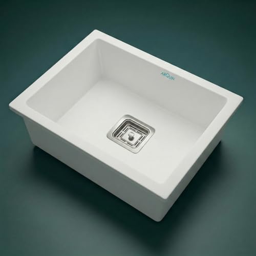Image of ARQUIN Quartz Kitchen Sink 24x18x9 Inch White | Single Bowl Sink | Durable & Scratch-Resistant | Undermount /Topmount Including Coupling, Waste Pipe & Fruit Washing Basket
