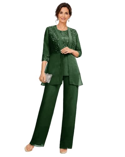 Chiffon 3 Piece Mother of the Bride Pant Suits with Jacket DMS02 Dark Green
