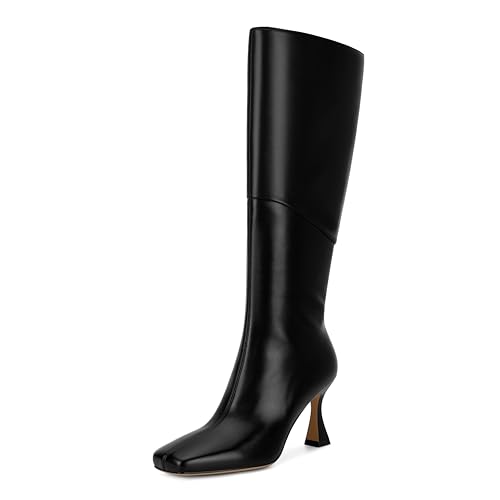DOEYG Black Leather Knee High Boots for Women Kitten Heel Tall Boots Square Toe Stiletto Heels Heeled Boots Dressy Fashion Long Boots Side Zipper Size 9