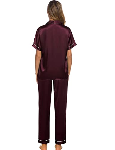 Image of SWOMOG Women Satin Pajamas Set Short Sleeve Top & Pants Sleepwear Silky Button Down Nightwear 2pcs Loungewear Pjs Set