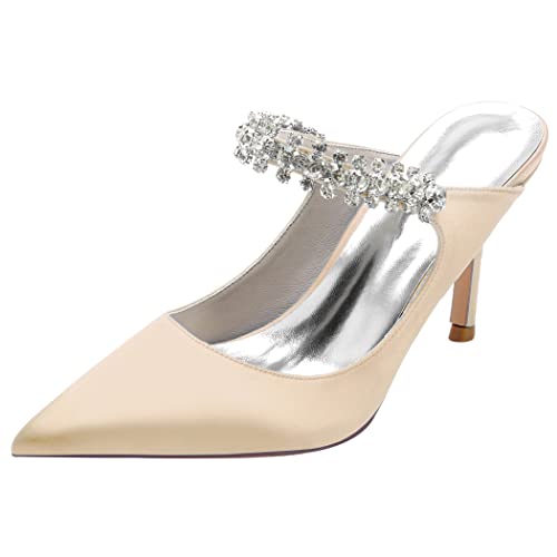 Women's High Stilettos Heels Mules Closed Toe Slip on Comfort Satin Evening Party Prom Dance Shoes with Rhinestones 8.5Cm,Champagne,8.5 US