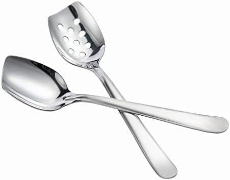 IMEEA Flat Edge Spoon 18/8 Stainless Steel Flat Bottom Serving Spoon for Cooking 8-Inch Slotted Spoon, Set of 2