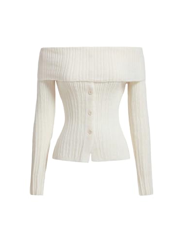 SOLY HUX Women's Long Sleeve Off Shoulder Sweater Y2k Tops Button Down Knitted Tee Shirt Pullover
