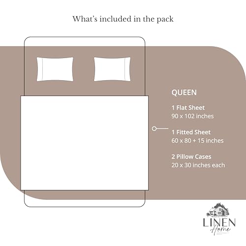 Image of Linen Home 100% Cotton Percale Sheets Queen Size, Earthy Brown, Deep Pocket, 4 Pieces Set - 1 Flat, 1 Deep Pocket Fitted Sheet and 2 Pillowcases, Crisp Cool and Strong Bed Linen
