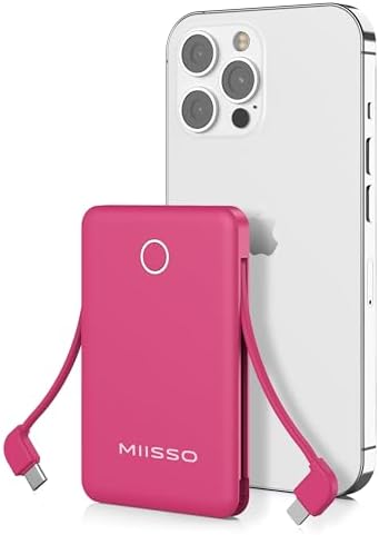 miisso 6000mah Ultra Slim Built in Cables Power Bank, Card Size Built in USB C Cords Battery Pack Portable Charger for Phones, 3 Output External Battery Pack Compatible with iPhone, Plum Red