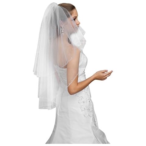 Lacey Bell Wedding Veil 32" 2 Tiers | Hips Length Hand-Finished Edge Embellished | Baj-VZ87 Ivory Cover