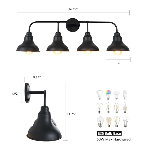 Image of 34.25-Inch 4-Light Matte Black Vanity Light for Bathroom Mirror | Farmhouse industrial style, matte black metal, 4 E26 base max 60W, no bulbs, wall lighting for bathroom mirror, hallway